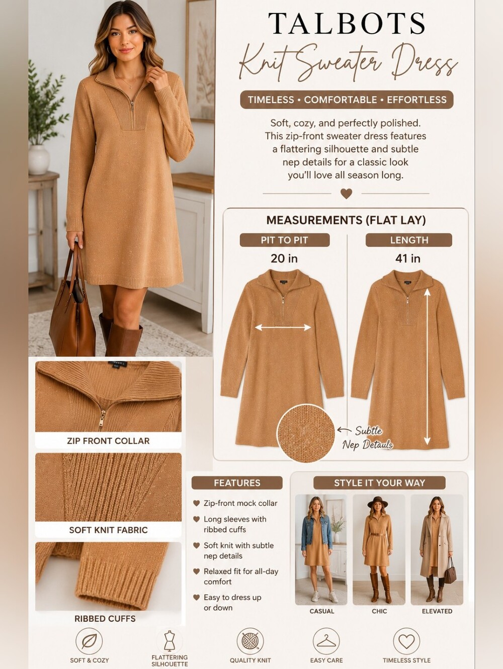 Talbots Camel ZipโFront Knit Sweater Dress